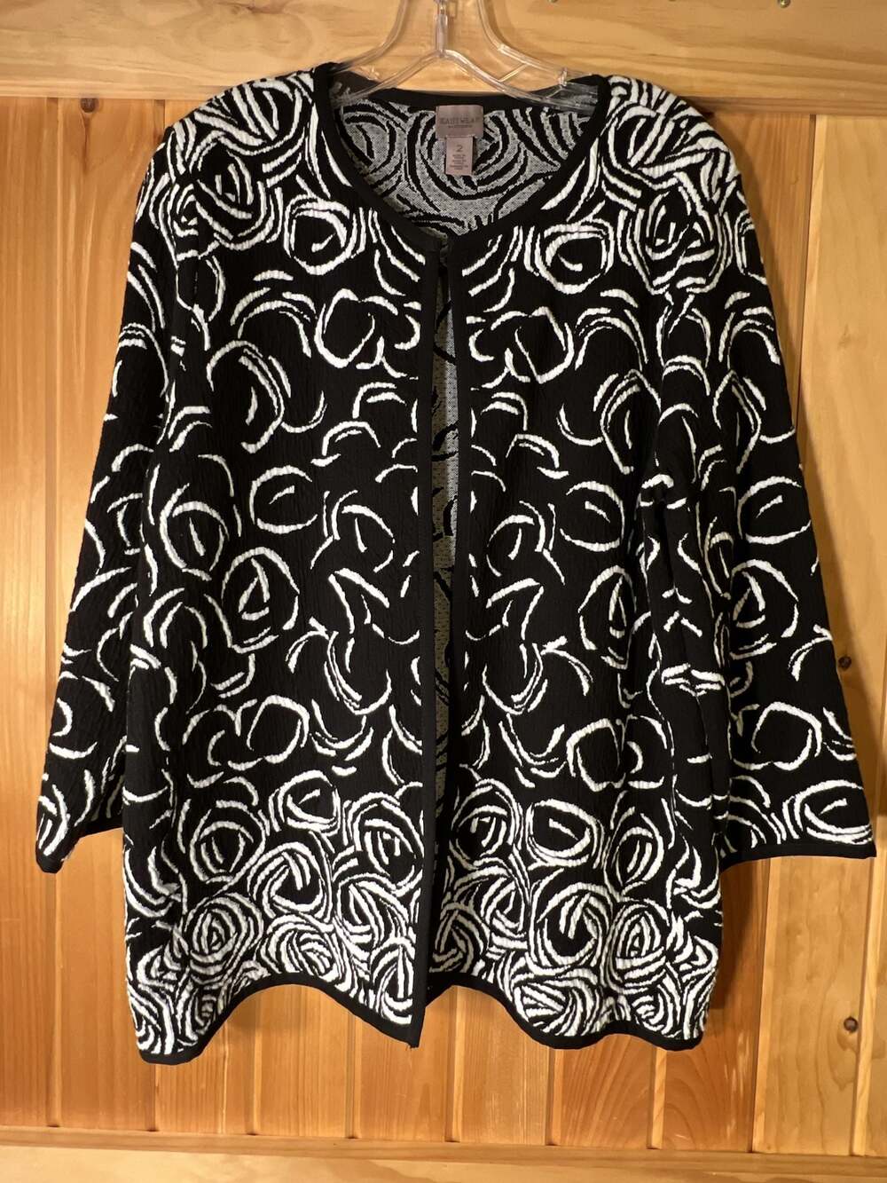 Easywear by Chico's Black and White Rose Pattern Open Front Jacket Cardigan